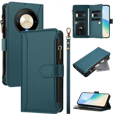 Immagine prodotto di Custodia per Honor X9B/Magic6 Lite, con cerniera, portafoglio, custodia flip in Finto cuoio con tasche per carte, supporto e passante per la mano verde