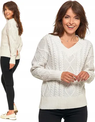 Imagen del producto de Suéter de mujer - Suéter de punto, talla S/M - Cuello en V, color blanco - Diseño de trenzas