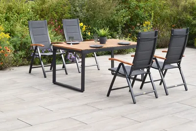 Produktbild von Merxx Gartenmöbel Set Paxos 5tlg., 4 Klappsessel, Ausziehtisch, 150 (200) x 90 cm- Aluminium/Akazie/Textil