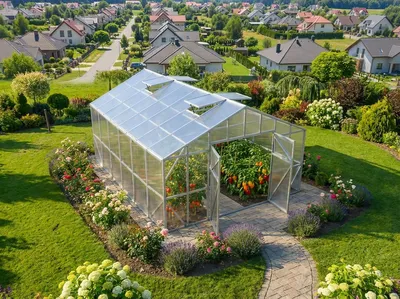 Obrázek produktu pro Polykarbonátový skleník Garden Dream "Victoria Delux" 4x6m z oceli, se 4mm polykarbonátem. S velkými dvojitými dveřmi