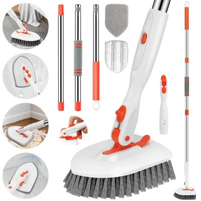 Image de Brosse à récurer les sols, bac à carrelage 3 en 1, brosse à récurer les sols avec poignée réglable de 133 cm, brosse à nettoyer les douches et 3 têtes de brosse de rechange amovibles