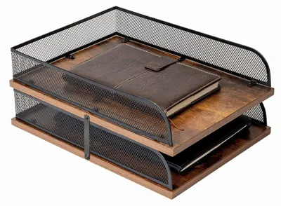 Image de Corbeille à courrier en bois et métal, style vintage, organiseur de bureau, corbeille à papier, range-documents (noir)