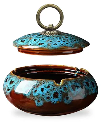 Productafbeelding van Asbak asbakje met deksel - Keramiek - Blauw - 10 x 10,5 x 8 cm - Voor binnen en buiten