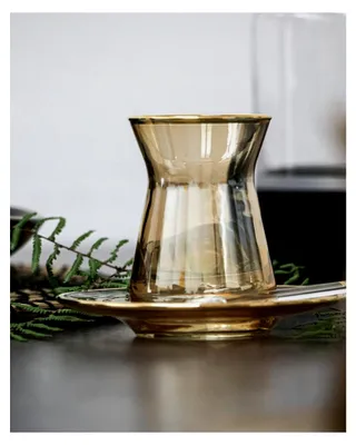 Produktbild von Türkisches Gold Teegläser Set - 6 Stück, Glas mit goldenem Untersetzer