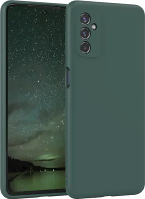 A dark green phone case is shown diagonally, with the phone screen visible on the left side.