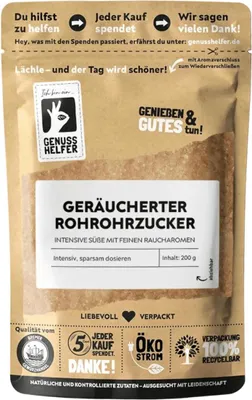 Produktbild von Rohrrohzucker, geräuchert, über Buchenholz geräucherter Rohrzucker, 200g