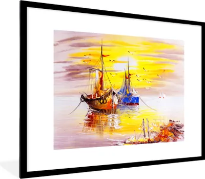 Produktbild von MuchoWow® Gerahmtes Poster Malerei - Boot - Wasser - Ölfarbe 80x60 cm - Poster mit Schwarzem Bilderrahmen Wandposter Rahmen Foto Bilder - Schlafzimmer-Dekorationen - Fotoposter