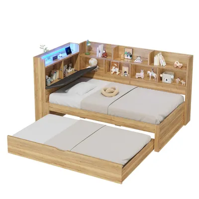 Produktbild von Kinderbett, Stauraumbett 90x200 mit LED-Beleuchtung, USB Ladeanschlüsse und Ausziehbett 90x190cm, Tagesbett, L-förmiges Holzbett, Daybett mit Regale