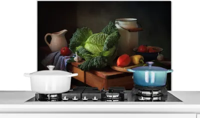 Obrázek produktu pro KitchenYeah® Odstřikovač do kuchyně - Odstřikovač do kuchyně - Ochrana stěny sporáku a dřezu - Zátiší - Zelenina - Barvy 80x55 - Alu-Dibond (alternativa ke skleněnému odstřikovači) - Tepelně odolný - Odstřikovač na sporák