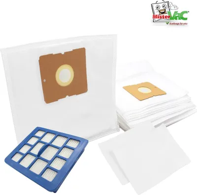 A collection of vacuum cleaner bags and a filter are displayed against a white background.
