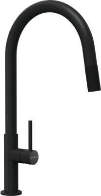 A black kitchen faucet with a pull-out spout.