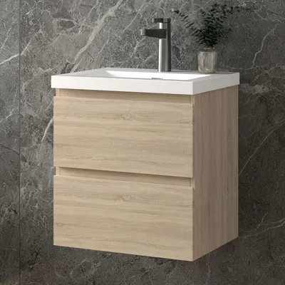 Produktbild von 50 cm Badmöbel-Set Unterschrank mit Rechteckiges Waschbecken 2 Schubladen soft-close Eiche Matt Selbstmontierter