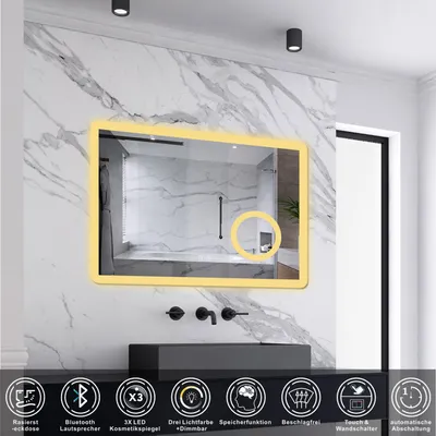 Produktbild von AICA LED Wandspiegel mit Steckdose 70x50cm Bluetooth Beschlagfrei Kalt/Neutral/Warmweiß Dimmbar Badspiegel mit 3-Fach Vergrößerung Schminkspiegel IP44