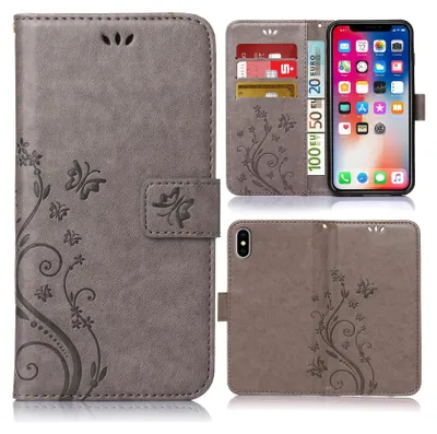 A collage of images showing a grey flip phone case with a floral pattern, designed for an Apple iPhone XR. The case is shown open and closed, with cards and cash inserted.