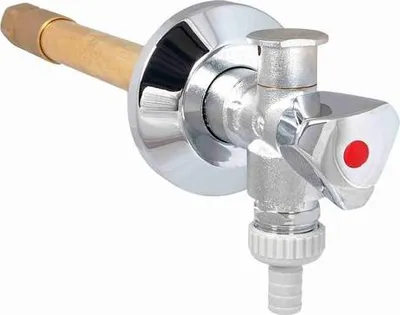 A chrome-plated water valve with a brass pipe extension, set against a white background.