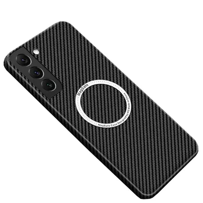 A black carbon fiber textured phone case with a MagSafe ring is shown against a white background.
