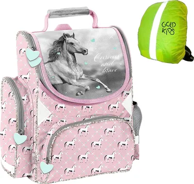 Produktbild von Schulrucksack Schulranzen Pferd Horse Motiv ergonomischer Ranzen Tornister Rucksack Schulltasche Mädchen inkl. Regenschutz