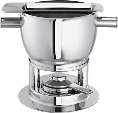 A stainless steel fondue pot with a burner stand.