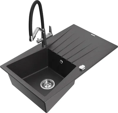 Produktbild von Mexen Cesar 1 Becken-Granitspüle mit Abtropffläche und Mischbatterie Duo, Schwarz gesprenkelt - 6514-76-671701-07