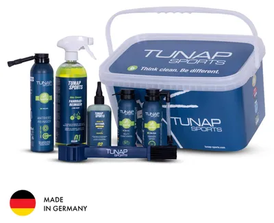 Produktbild von TUNAP SPORTS E-Bike Pflege- & Reinigungs-Set | All-in-One Wartungsset für Kette, Rahmen & Reifen | inkl. Kettenöl, Reiniger, Pannenspray, Multiöl, Kettenbürste & Wascheimer | Wirkt einfach besser!