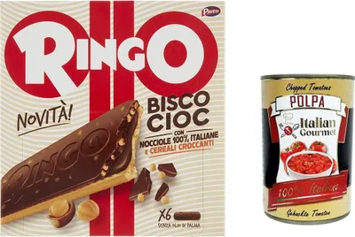 Produktbild von 12x Pavesi Ringo Bisco Cioc Nocciole, Keks gefüllt mit Sahne mit 100 % italienischen Haselnüssen und Schokoladenüberzug 162 g + italian gourmet polpa 400g