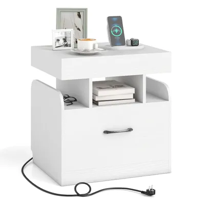 Zdjęcie produktu dla COSTWAY 1 szt. stolik nocny, stolik przy łóżku stolik do sofy ze stacją ładującą, 2 gniazdka, 1 port USB, 1 złącze typu C, szuflada i tajna komora, 50 x 40 x 55 cm