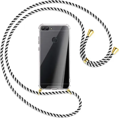 Produktbild von Handykette Backcover-Schutzhülle mit Band (Metall goldfarben) für Huawei P smart / Enjoy 7S - schwarz/weiß gestreift