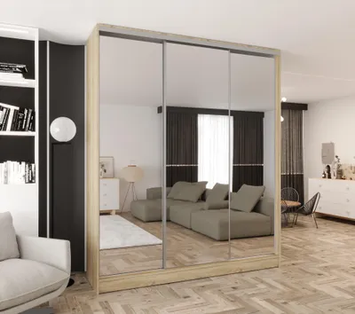 Produktbild von Schwebetürenschrank 3-türig 180x250x58 cm Eiche Sonoma mit 3 Spiegeln und 2 Schubladen – Moderner Kleiderschrank für Schlafzimmer und Flur