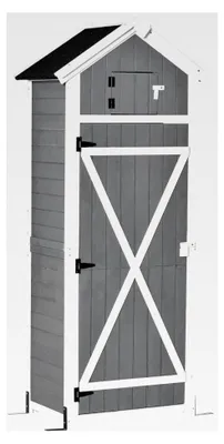 Produktbild von Gartenschrank aus Holz, wetterfest 78x52,5x182cm, Gerätehaus mit Satteldach, Tür, Gartenschuppen mit klappbarem Tisch, Haken, Geräteschrank für Terrasse und Garten, Grau