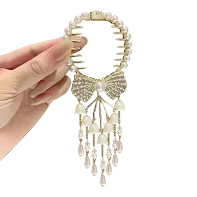 Produktbild von Pferdeschwanz-Klaue für Damen, glänzender Strass, Kunstperle, lange Quaste, Blume, mehrere Zähne, rostfreier Haarschmuck, leicht, Braut-Haarknoten-Clipper, Haar-Accessoires I