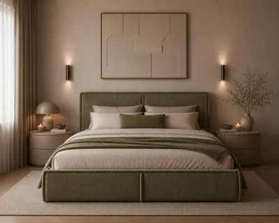 Produktbild von MOEBLO Polsterbett Bett 04 – Doppelbett mit Cord-Bezug, gepolstertem Kopfteil, Bettkasten und Federmechanismus - 160x200 cm - Oliv (Poso 46)