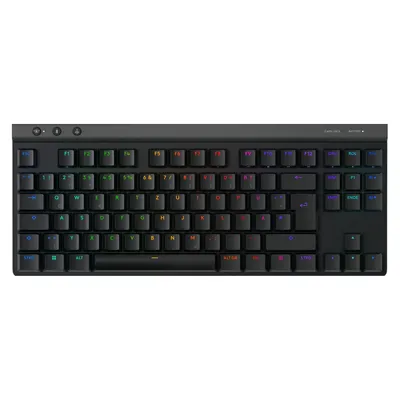 A top-down view of a black gaming keyboard.