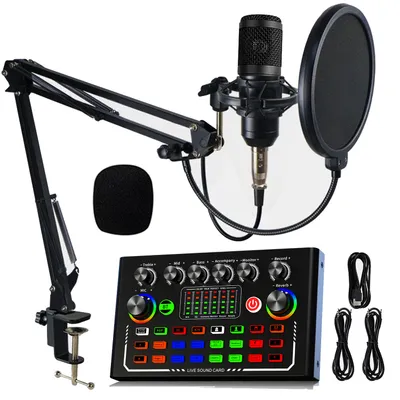 Produktbild von ZELURXX Kondensator Mikrofon Set mit Arm & Soundkarte – Ideal für Podcast, Streaming & Gaming, F009+Schwarz