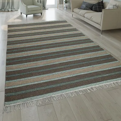 Immagine prodotto di Tappeto naturale in lana moderno tessuto a mano a righe design kilim con frange marrone beige dimensioni 240x340 cm