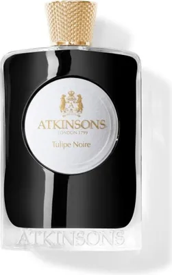 A black bottle of Atkinsons Tulipe Noire Eau De Parfum with a gold cap.