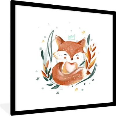 Produktbild von MuchoWow® Gerahmtes Poster Illustration eines Babyfuchses 40x40 cm - Poster mit Schwarzem Bilderrahmen Wandposter Rahmen Foto Bilder - Poster - Plakat im Rahmen