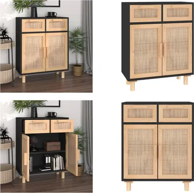 Produktbild von vidaXL Sideboard Schwarz 60x30x75cm Massivholz Kiefer und Natur Rattan - Sideboard - Sideboards - Schrank - Beistellschrank