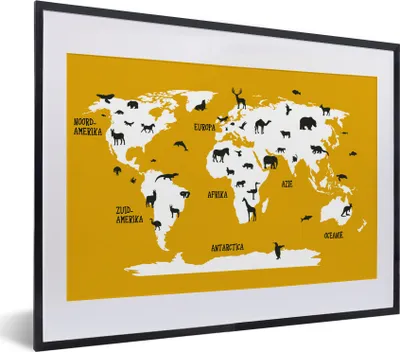 Produktbild von MuchoWow® MuchoWow® Gerahmtes Poster Weltkarte Kinder - Tiere - Gelb 40x30 cm - Poster mit zchwarzem Bilderrahmen - Bilderrahmen - Poster im Rahmen