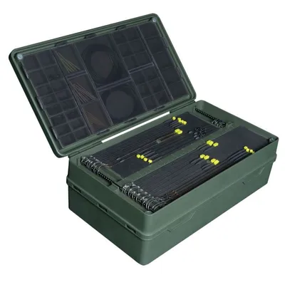 An open tackle box filled with fishing gear.