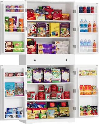 Produktbild von Küchenschrank, Küchenbuffet Buffetschrank mit 12 Türregalen, Hochschrank mit Schränken, mit Verstellbaren Ablagen, Esszimmerschrank mit Schubladen, MDF, Spanplatte, 183 x 76 x 40 cm (Weiß)