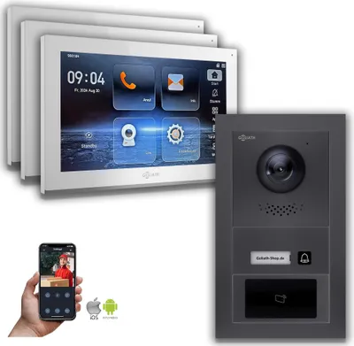 Produktbild von Goliath IP Video Türsprechanlage mit Kamera 10-Zoll RFID Anthrazit : Aufputzdose : 10 Zoll in Weiß : 3 Monitore Monitor Anzahl: 3 Monitore Monitor Auswahl: 10 Zoll in Weiß Türklingel Montagedose: Aufputzdose