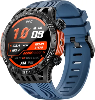 A close-up of a smart watch with a blue strap and a black and orange bezel, displaying various fitness metrics on its screen.