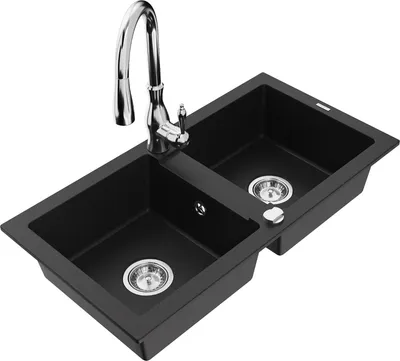 Produktbild von Mexen Mario 2-Becken-Granitspüle mit Mischbatterie Savita, Schwarz - 6504-77-672601-00