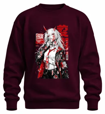 Zdjęcie produktu dla Bluza z kapturem w stylu streetwear, inspirowana anime o demonach, w japońskim stylu, z motywami Y2K i mangi, kolor burgundowy, rozmiar XL