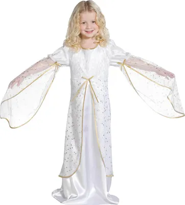 A young girl wearing a white and gold angel costume.