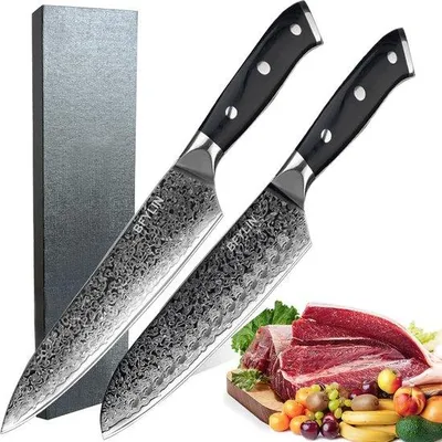 Zdjęcie produktu dla Ostry, dwuczęściowy zestaw noży kuchennych, stal damasceńska, Santoku, 67 warstw, ergonomiczny