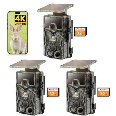 Image de Caméra de chasse solaire Usogood 4K IP66, étanche, avec vision nocturne, détecteur de mouvement et carte mémoire de 32 Go incluse (lot de 3)