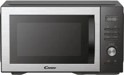 A front view of a black and silver Candy brand combination microwave oven.