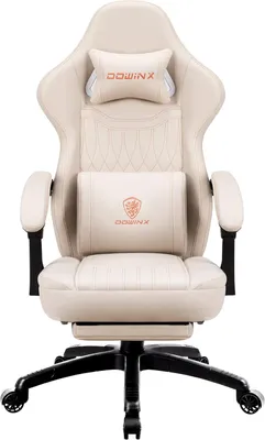 Produktbild von Gaming Stuhl mit Frühling Kissen,Racing Gamer Stuhl mit Massage Lendenwirbelstütze, Ergonomischer Gaming Sessel mit Fußstütze Bürostuhl Kunstleder Weiß