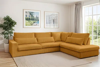 Productafbeelding van Designbank THORA, model Ecksofa, bekleed met stof Poso in de kleur honinggeel, met een chaise longue aan de rechterkant